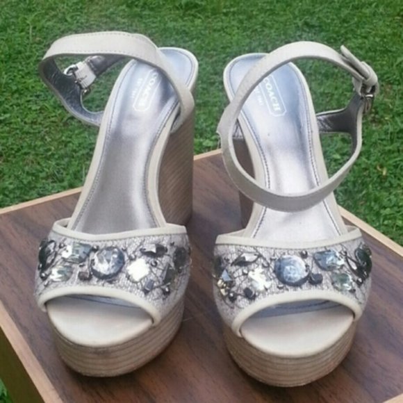 Coach Tan Leather Embellished Linen Stacked Platform Wedge Ankle Strap Shoes - Picture 9 of 14